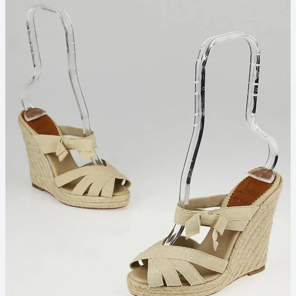 Christian Louboutin Gold Metallic Canvas Delfin 120 Espadrille Wedges Shoes, 38 - Picture 2 of 11